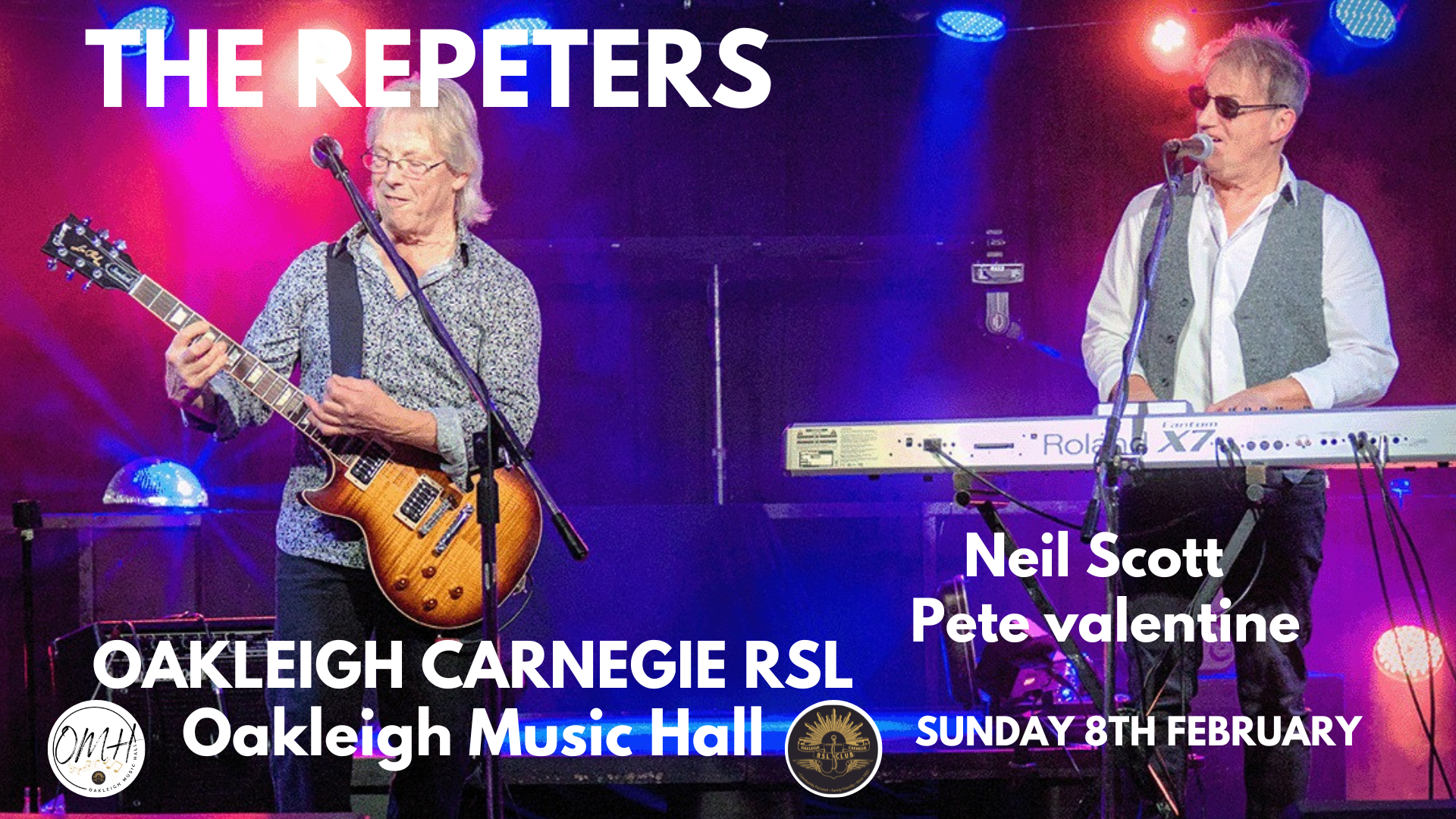 The Repeters performing live at Oakleigh Music Hall, Oakleigh-Carnegie RSL – Neil Scott on guitar and Pete Valentine on keyboard under vibrant stage lighting