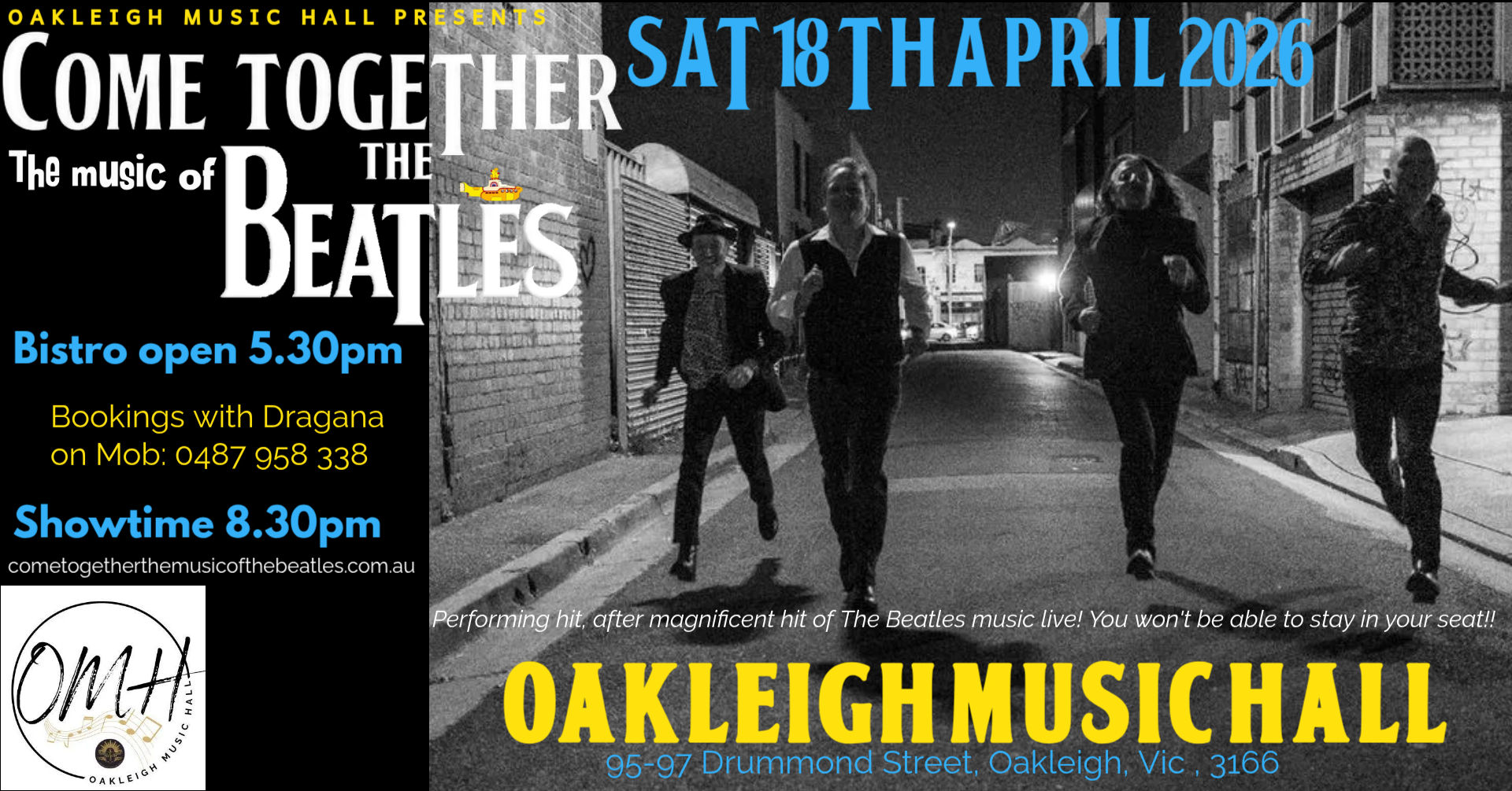 Poster for "Come Together – The Music of The Beatles" tribute show at Oakleigh Music Hall on Saturday, April 18, 2026.
