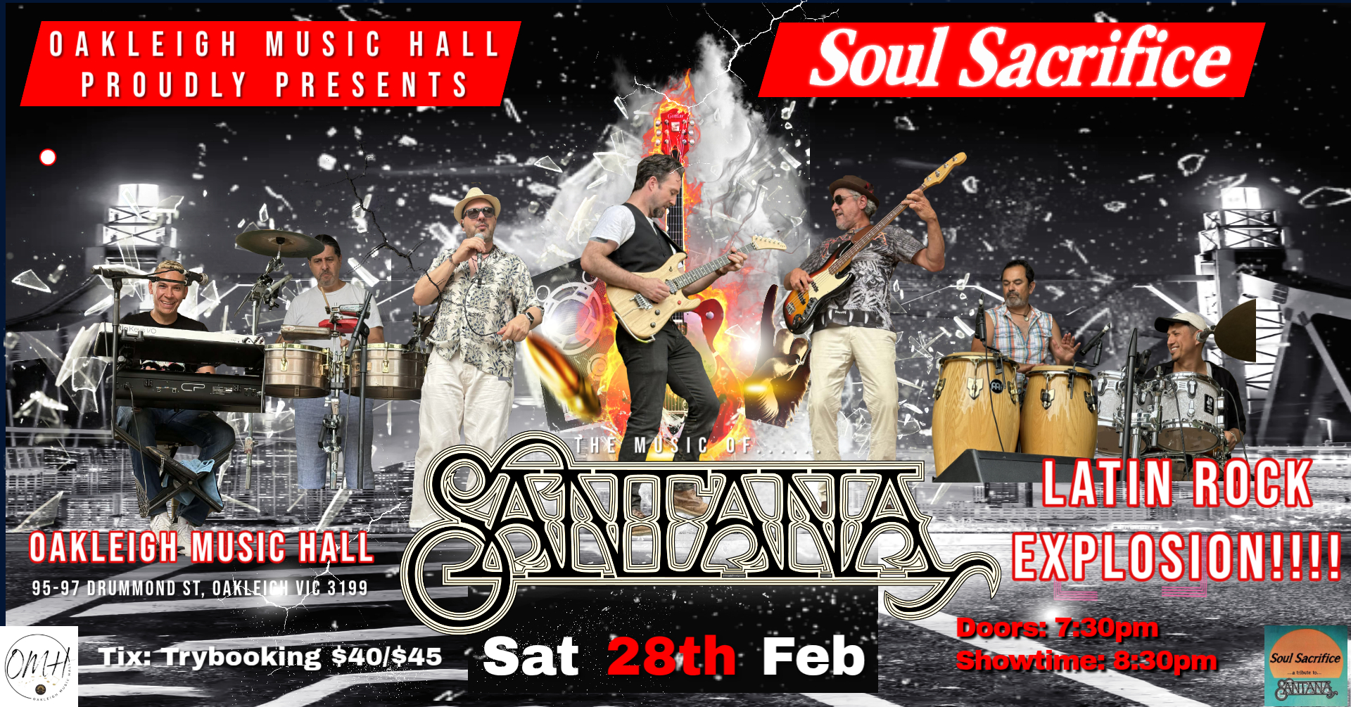 Promotional poster for Soul Sacrifice performing the music of Santana at Oakleigh Music Hall, featuring a full Latin rock band on stage with guitars, percussion, keyboards, and drums, advertising a Latin Rock Explosion on Saturday 28 February with doors at 7:30pm.
