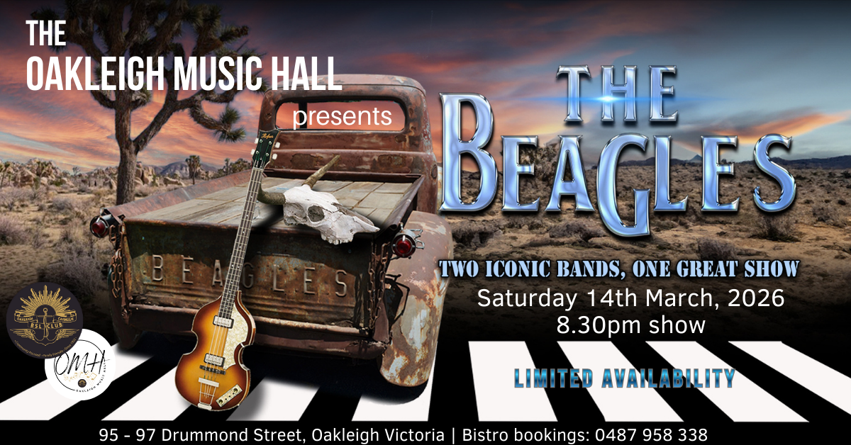 Promotional image for THE BEAGLES tribute show, featuring a vintage pickup truck with Beatles-style bass guitar and a desert backdrop, combining visual elements from The Beatles and The Eagles